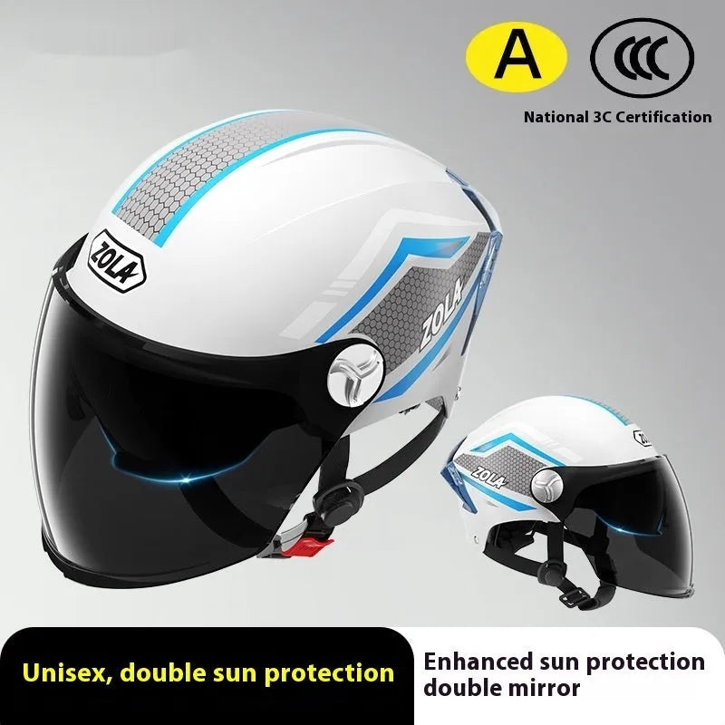 Universal 3C motorcycle half helmet with double mirror visor in light brown colour