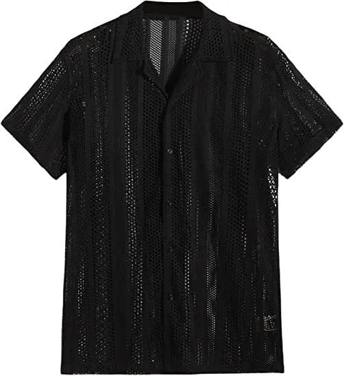 A man wearing a black jacquard-knit short-sleeved shirt in a street fashion cardigan style.