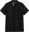 A man wearing a black jacquard-knit short-sleeved shirt in a street fashion cardigan style.