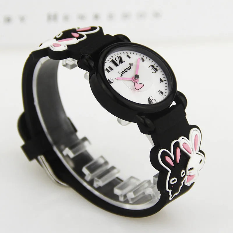 Rabbit Quartz Watch for children with black plastic strap, PC case, and white dial featuring hour markers.