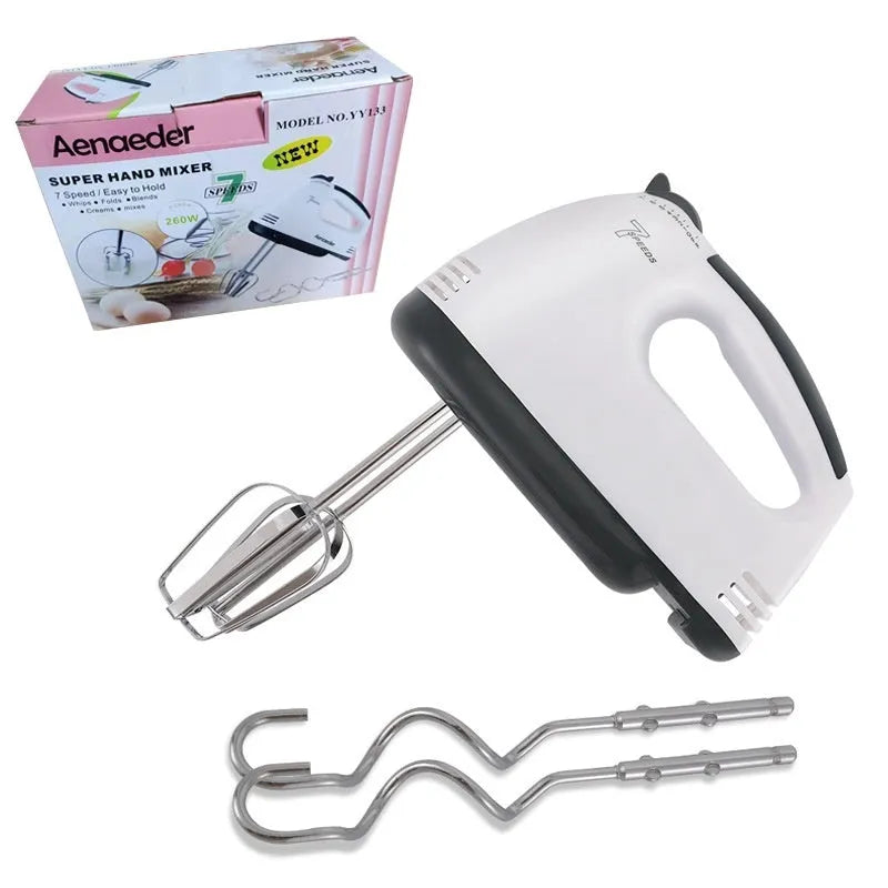 Electric egg beater hand mixer in white with silver beaters, 100W, 7-speed control, EU plug