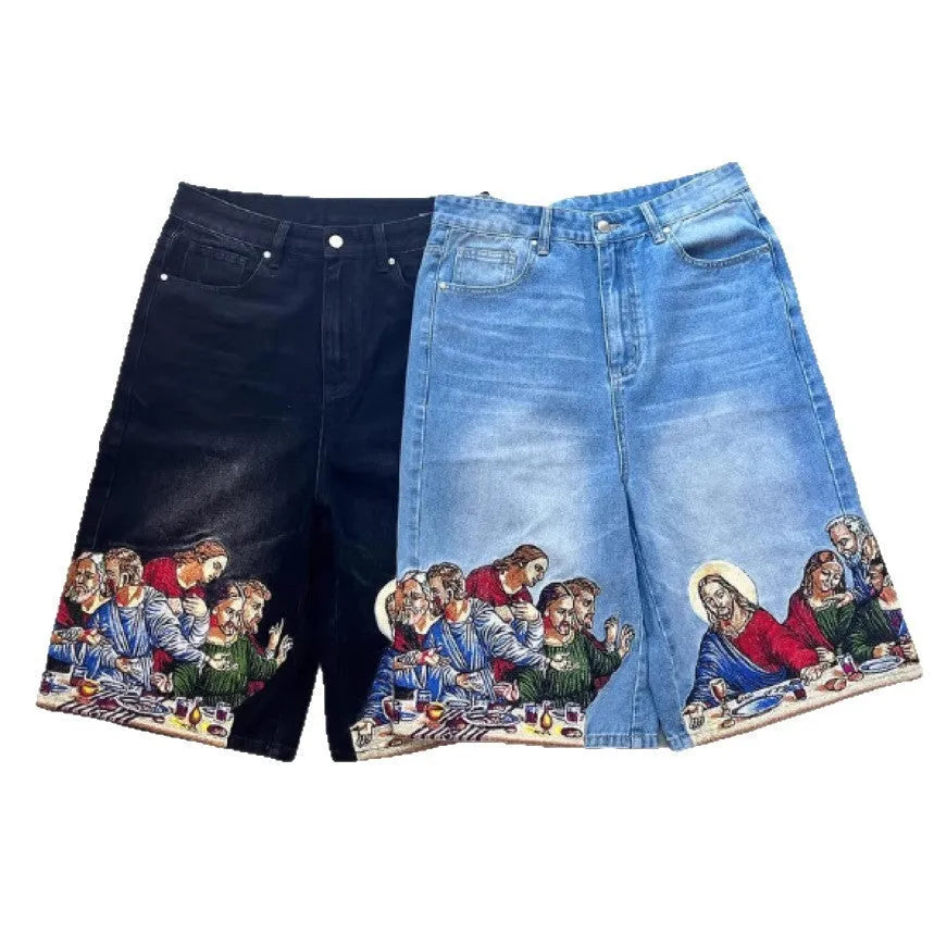 Men's blue cotton shorts with Jesus printed back pocket, tapered style with micro elasticity fabric