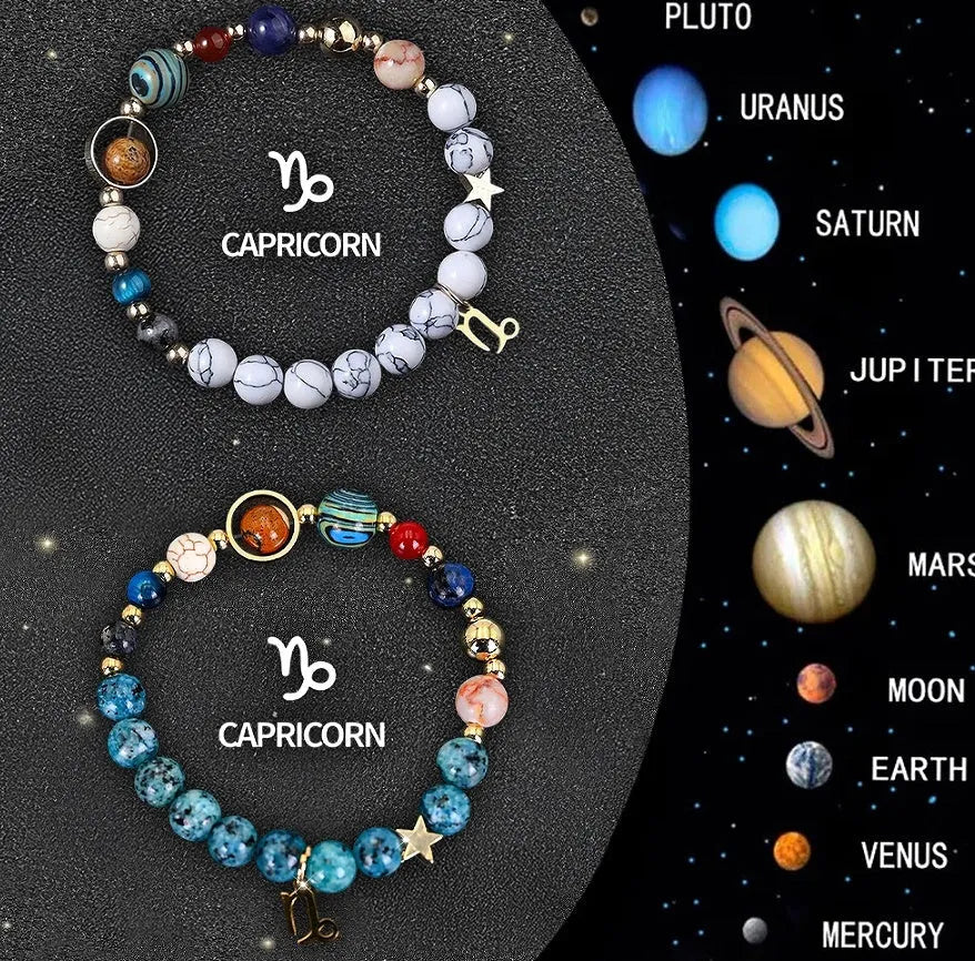 Set of twelve natural stone bead zodiac bracelets showing different star sign designs with adjustable strings