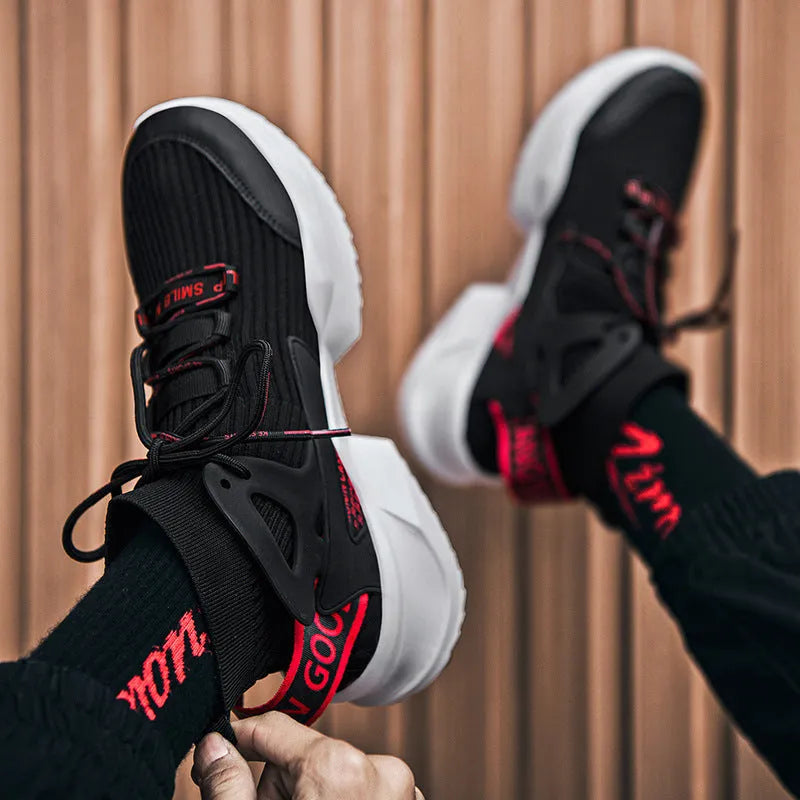 Men's flying knit basketball shoes breathable mesh upper plastic sole back tie closure black