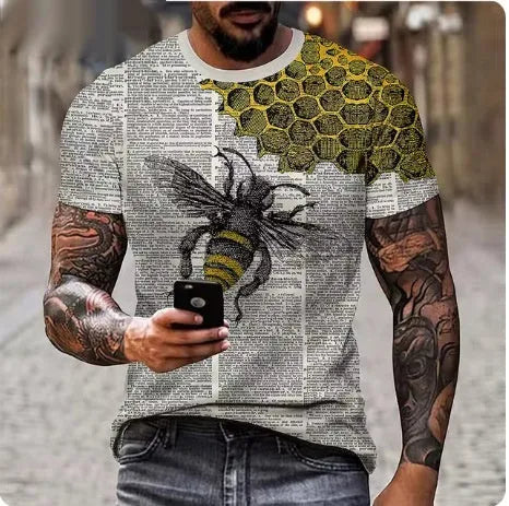 Men's grey T-shirt with a raised 3D print of a fierce lion's face on the front.