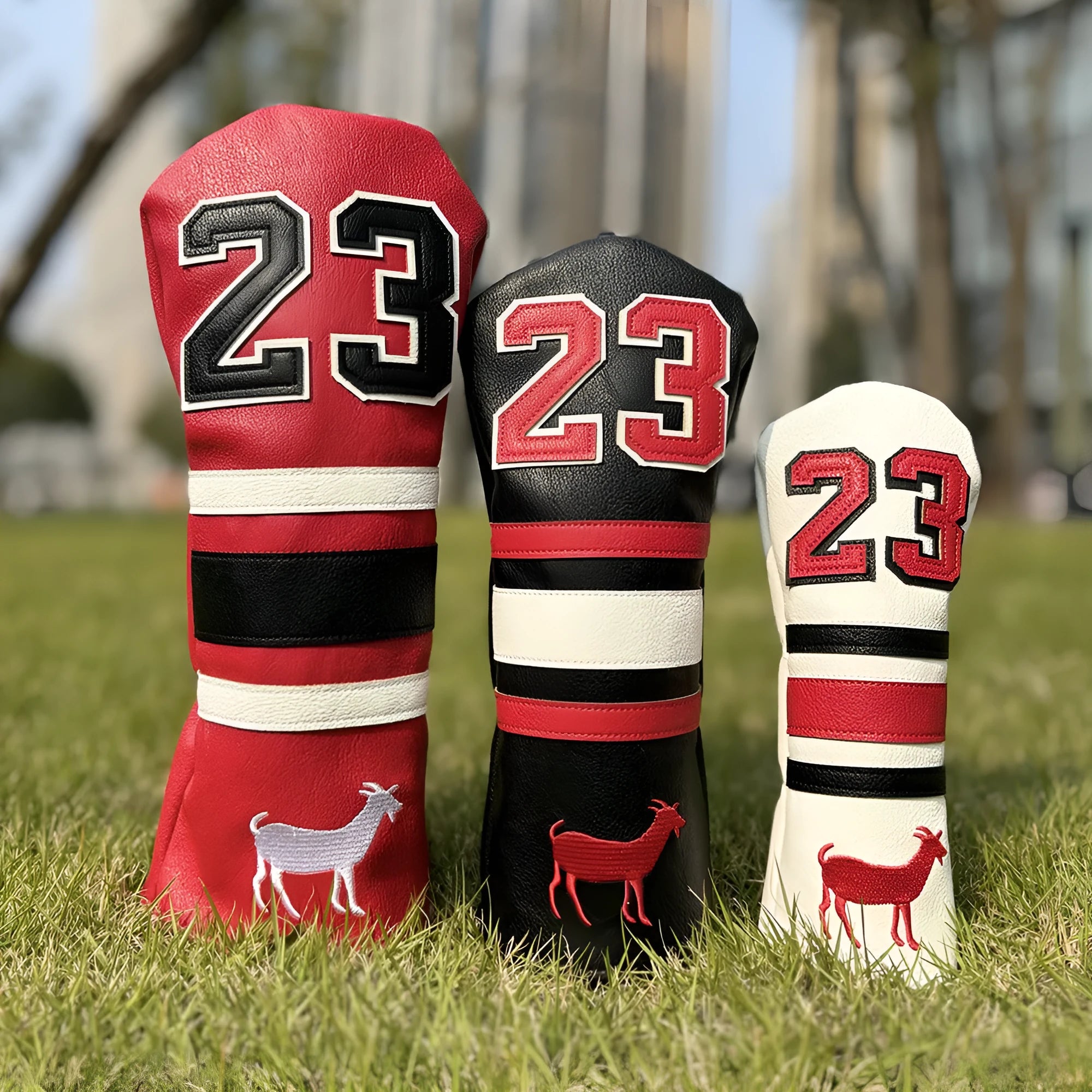 Ram No 1 golf club headcover set showing red, black, white, and yellow PU iron covers and a square putter sleeve.
