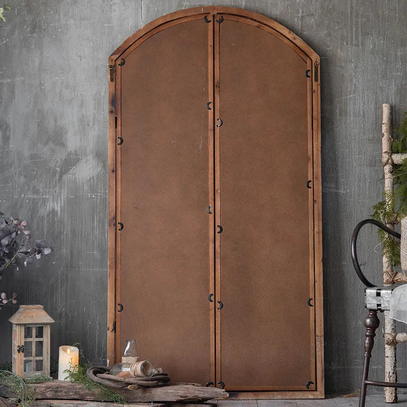 Terrace distressed fake window wall mirror with log colour finish and wooden glass construction