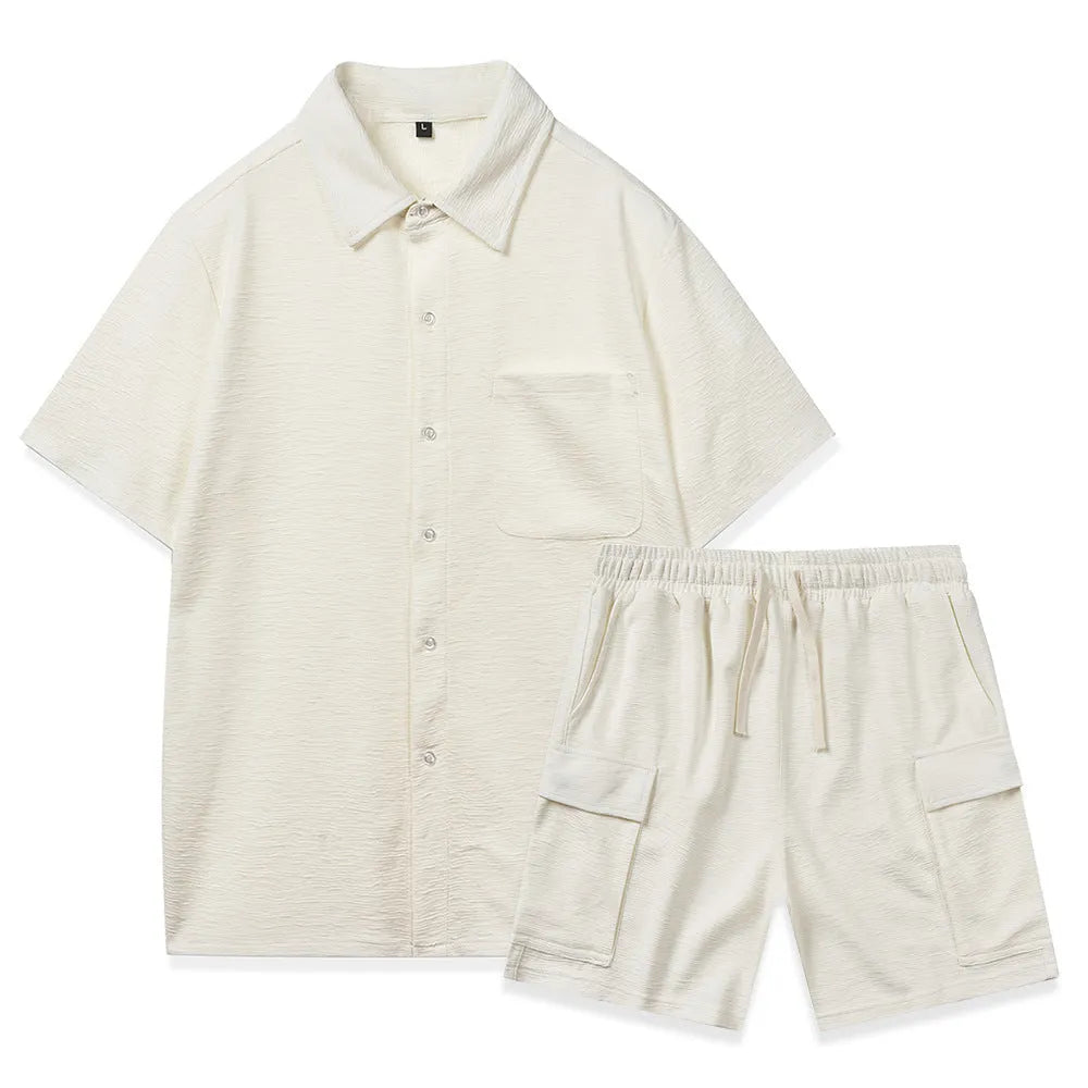 Young women's casual two-piece set with short sleeve top and elastic waist shorts in beige.