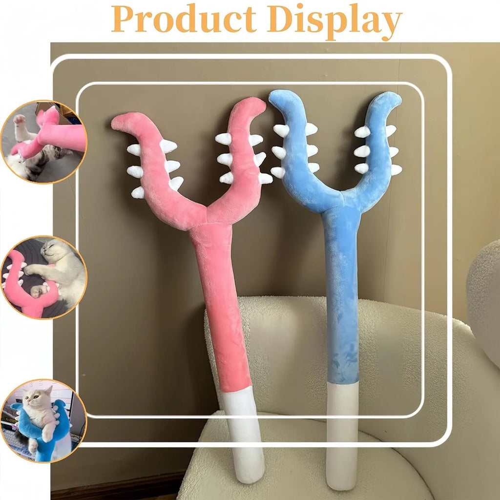 70cm blue plush cat wand toy with foam-filled head for indoor cats