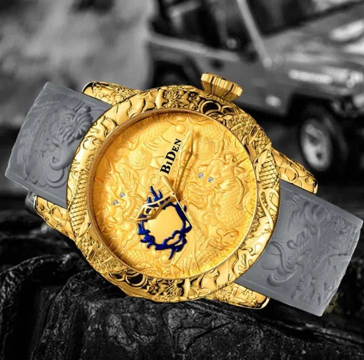 Men's black quartz watch with 3D engraved dragon on dial, 50mm alloy case, and tape strap