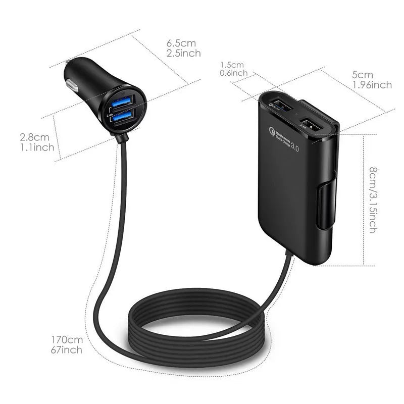 4-port USB car charger with QC3.0, cable, and clip for back seat installation