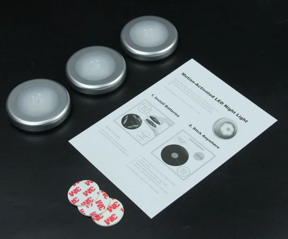 6LED motion sensor night light with strong magnetic base and adhesive pad for cabinet or ceiling mounting