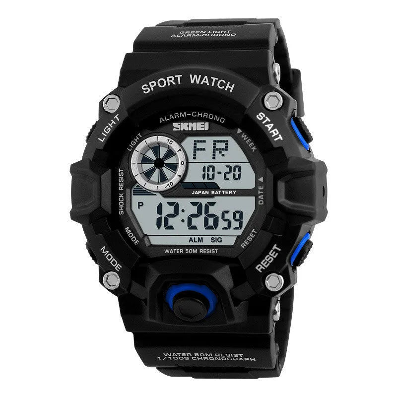 Electronic sports watch with round dial showing GMT display, available in five colours including camouflage green