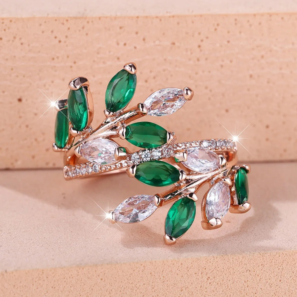 Adjustable copper leaf ring with horse eye design and zircon stones in multiple colour options