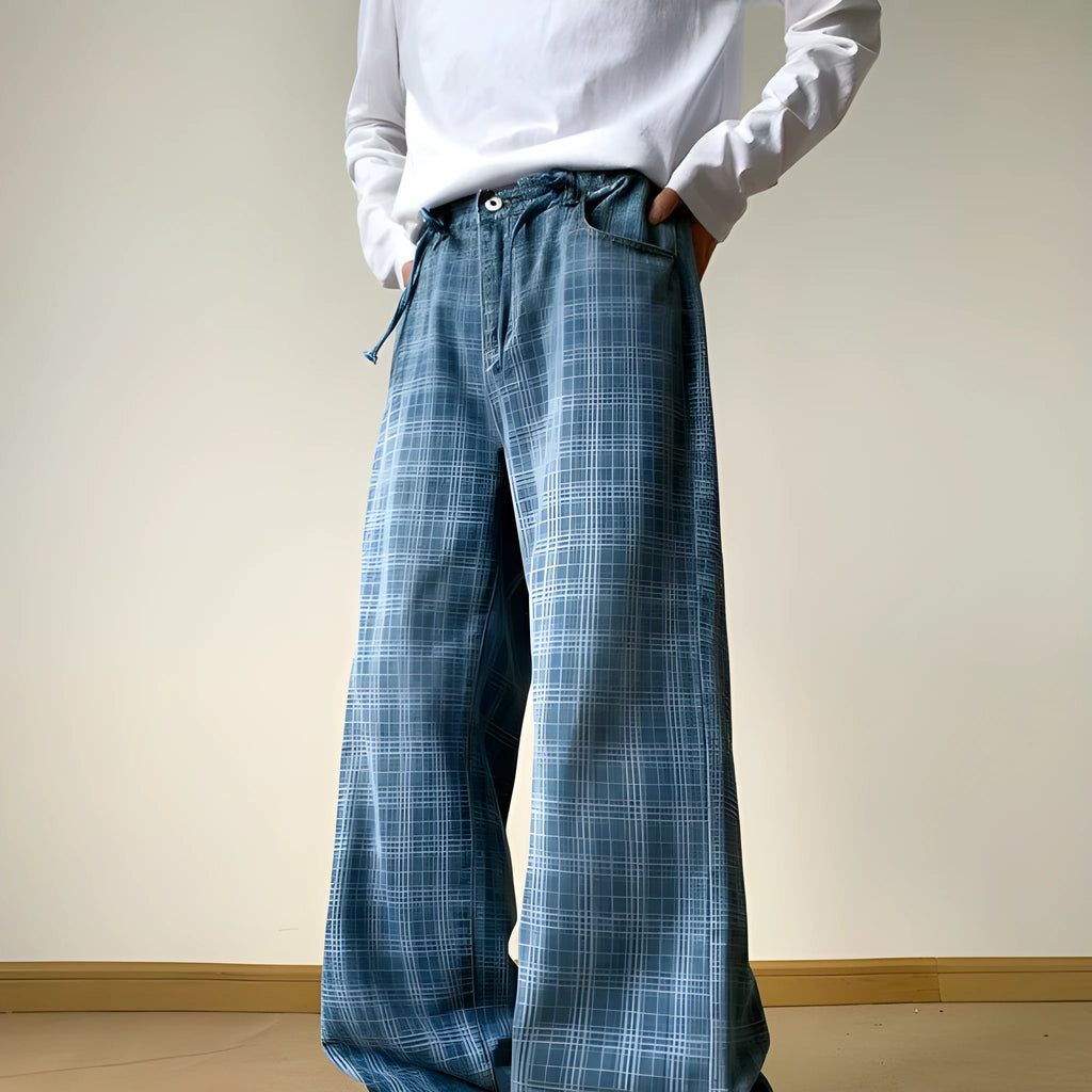 Retro blue plaid wide-leg skinny jeans with mid waist and zip fly, front view, blue denim fabric