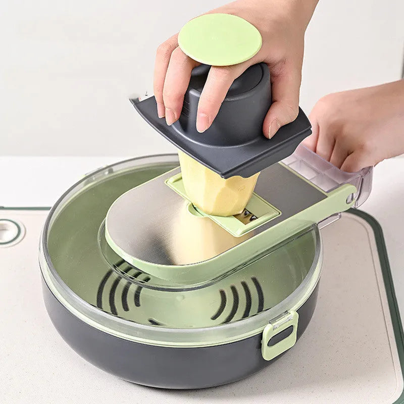 Multifunctional vegetable cutter set with 8 knives, storage box, and hand protector in grey or white