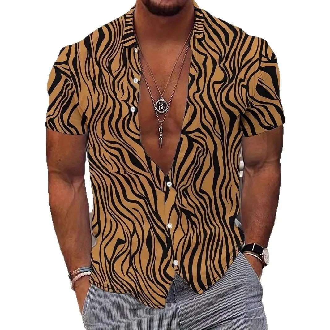 Men's slim fit geometric print lapel shirt in lightweight polyester fabric for summer casual wear