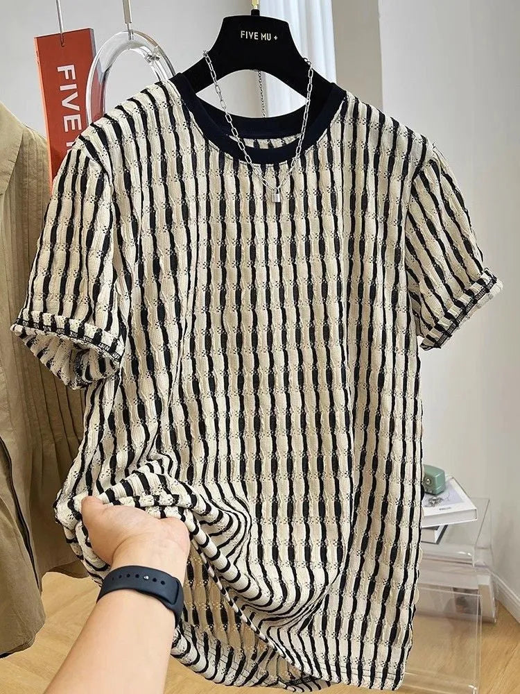 Black striped men's pullover shirt with loose fit and short sleeves made from linen silk blend fabric