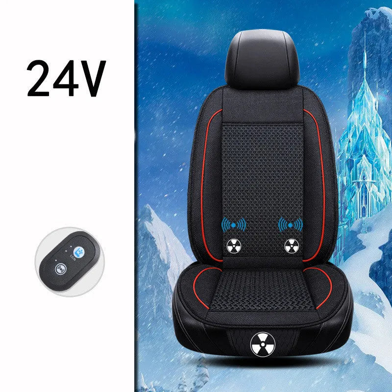 Square black car ventilation seat cushion on a car seat with a connected power cord.