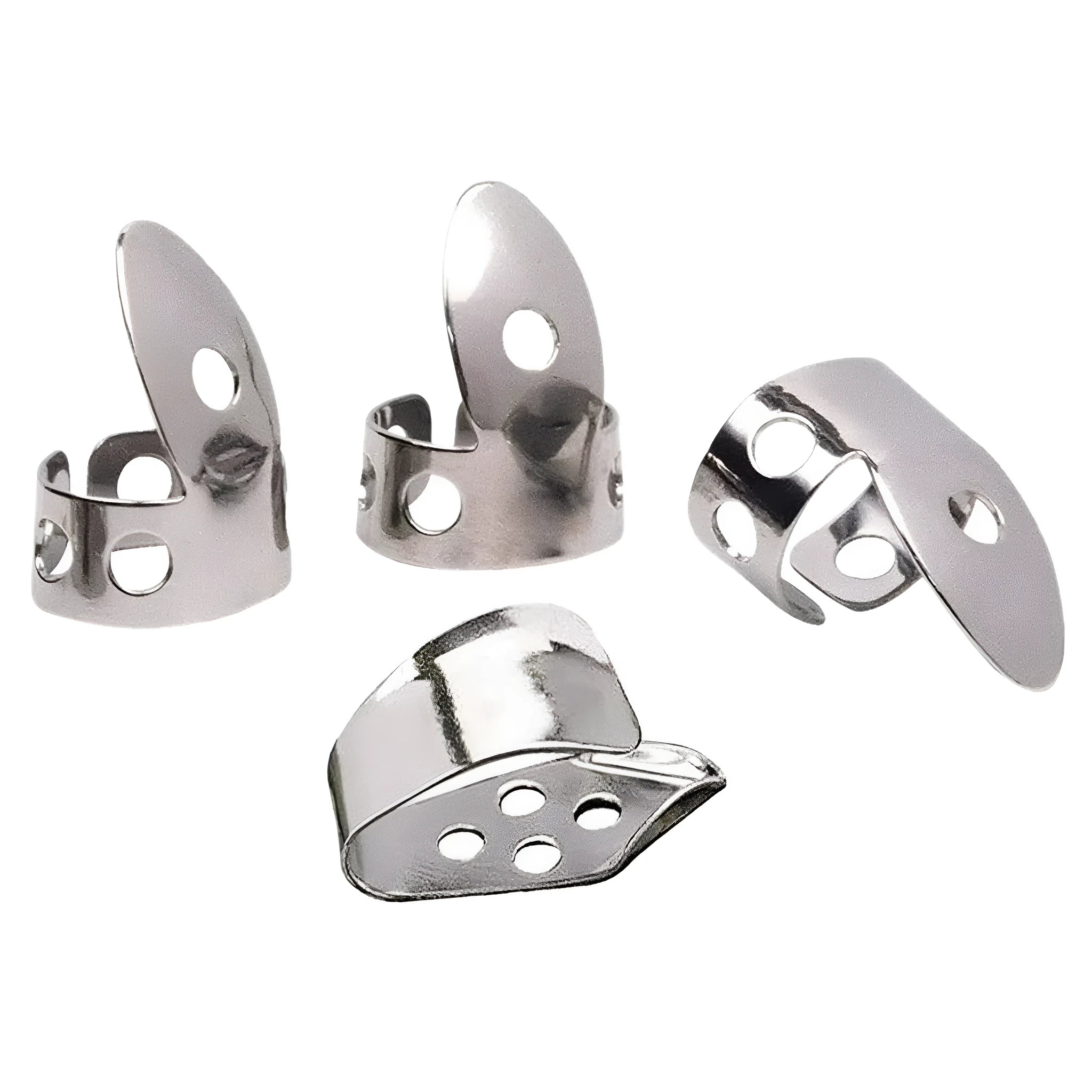 Set of 4 metal guitar finger picks arranged on a dark surface