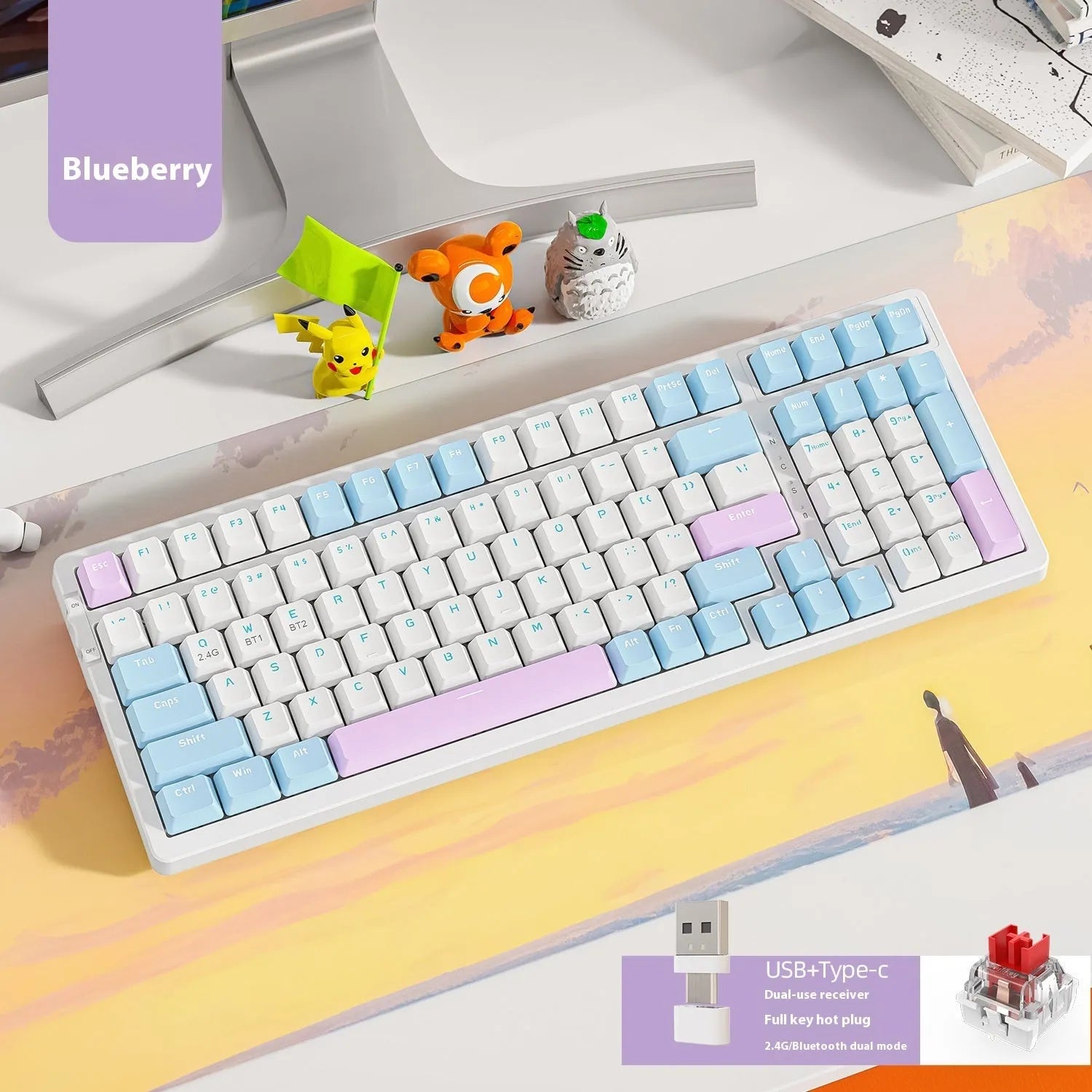 Free Wolf K96 Bluetooth dual-mode mechanical keyboard with red switches in blueberry, cheese, lemon, and shimmer colour options