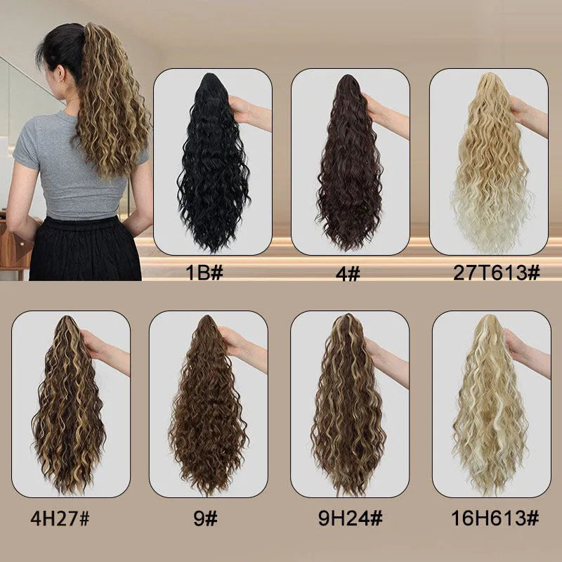 Synthetic corn curler wig ponytail with water ripple grip texture in multiple colour options on a white background.