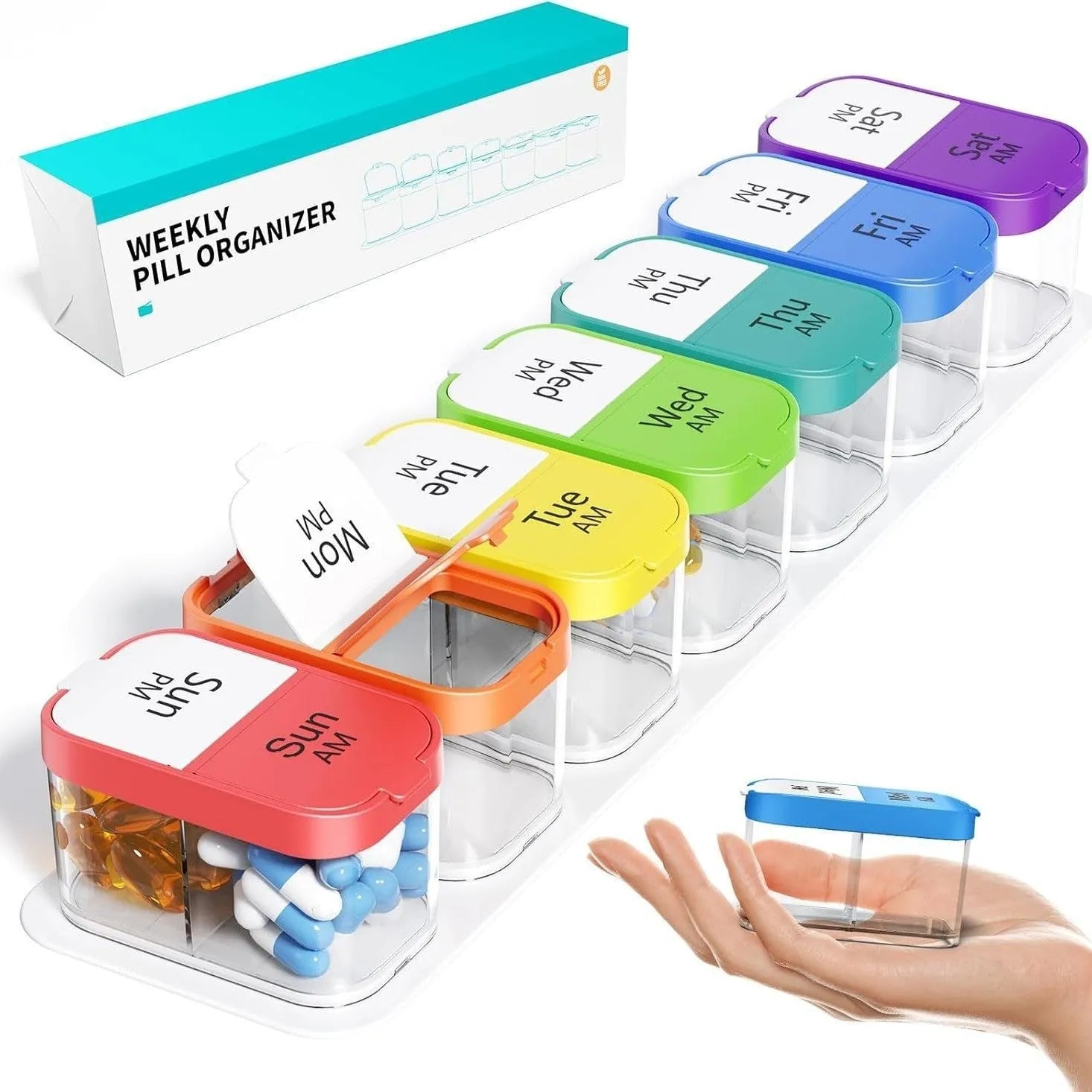Extra large white plastic pill box with 14 removable compartments for medication organisation