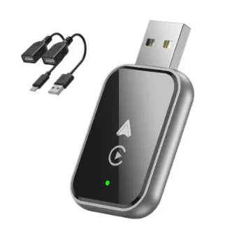 Wireless CarPlay adapter in black ABS plastic with patch cord for Apple CarPlay