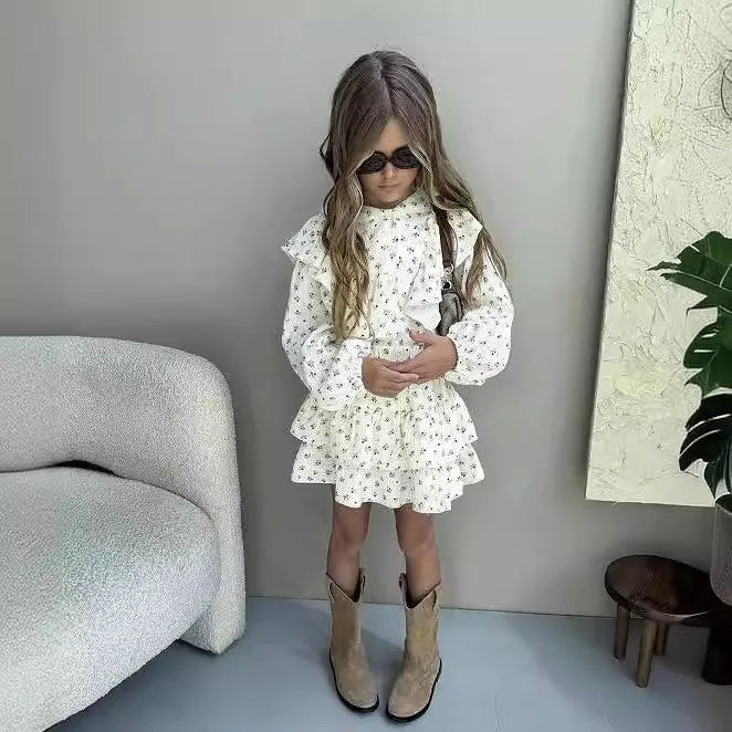 Girls autumn floral lace long sleeve shirt and tiered skirt two-piece cotton set for 90-140cm height