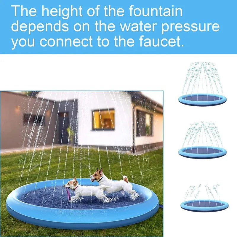 Anti-slip textured dog splash pad sprinkler mat for outdoor water play, shown in a garden.