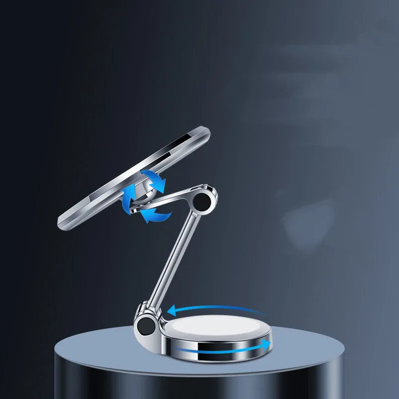 Black magnetic adhesive car phone holder with 360-degree adjustable bracket mounted on a dashboard.