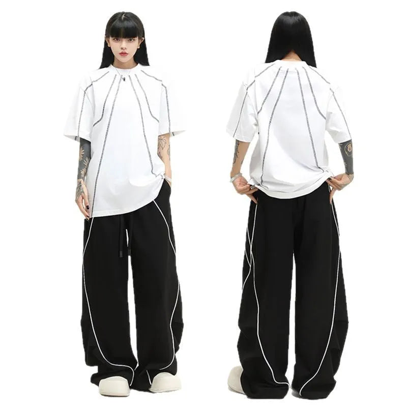 Black pleated wide-leg hip hop sports trousers with a striped pattern