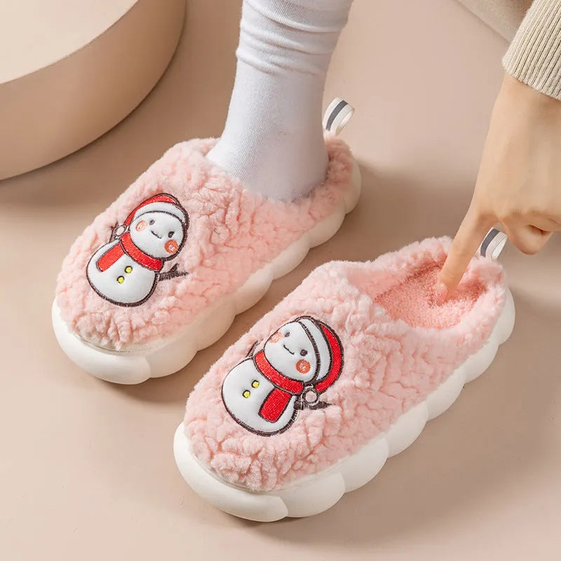 Cute snowman indoor slippers with soft plush upper and anti-slip sole, available in multiple colours