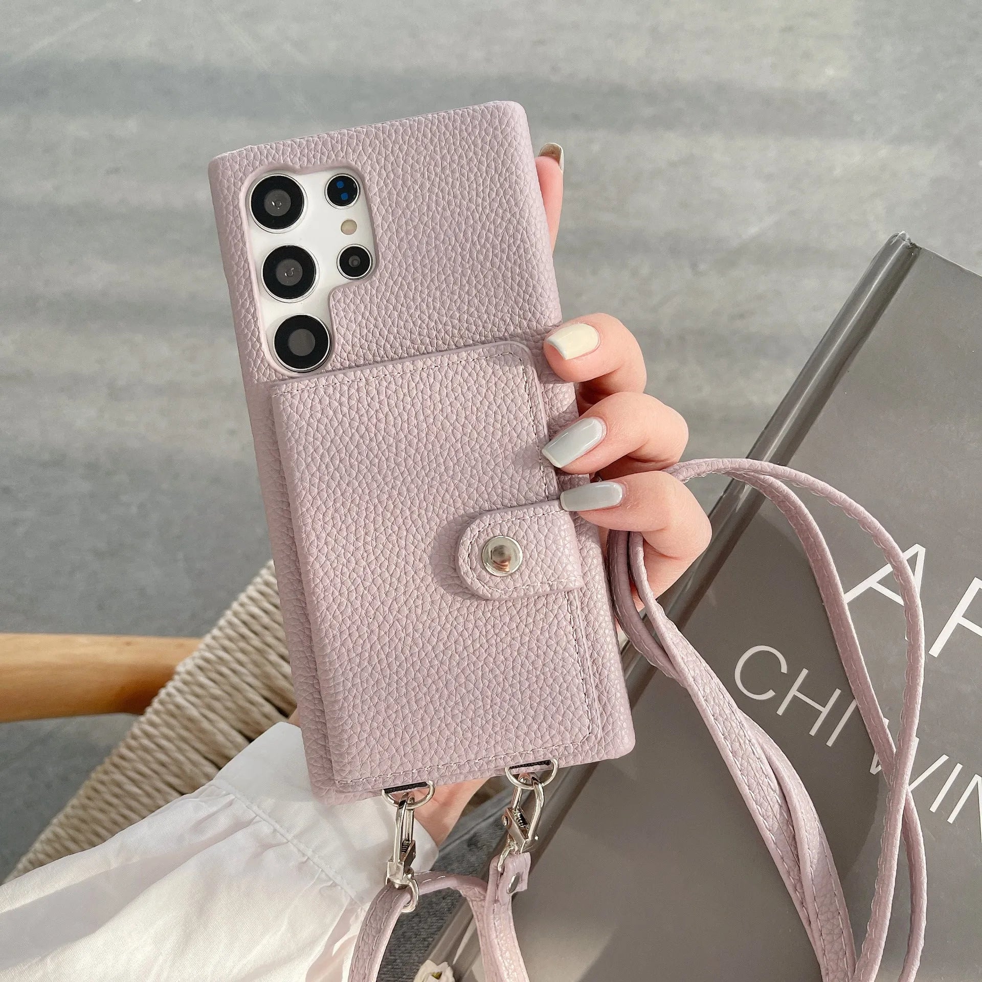 Samsung S23Ultra crossbody phone case with lychee pattern PC leather and card slot in black colour
