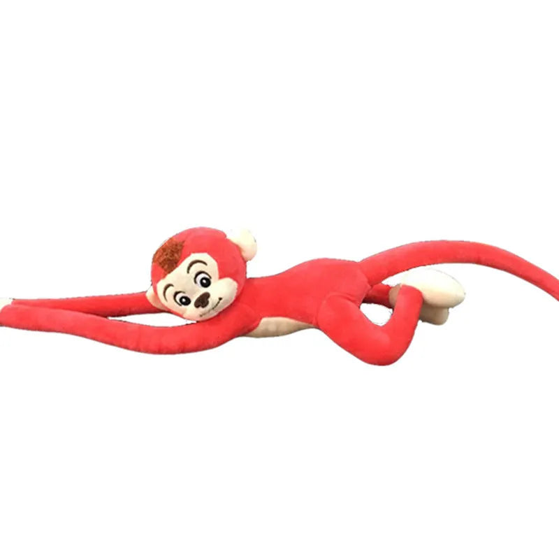 Soft plush monkey toy with long arms hanging from a curtain rod, available in 70cm and 90cm sizes and four colours