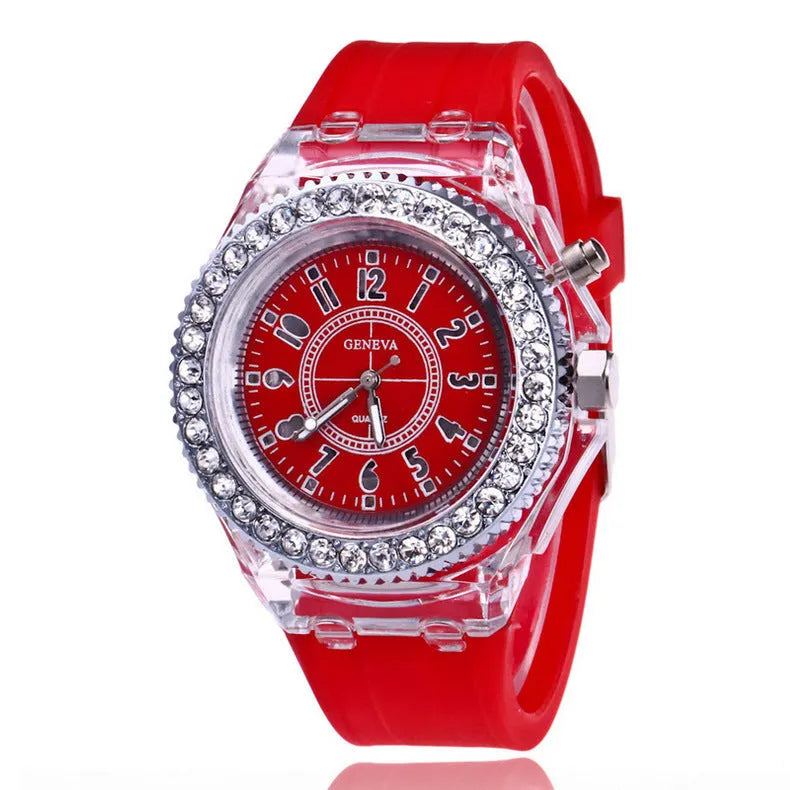 Women's luminous quartz watch with round 43mm alloy case and silicone strap in multiple colours