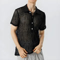 Men's solid black polyester jacquard lapel knitwear sweater for teenagers, front view, size L