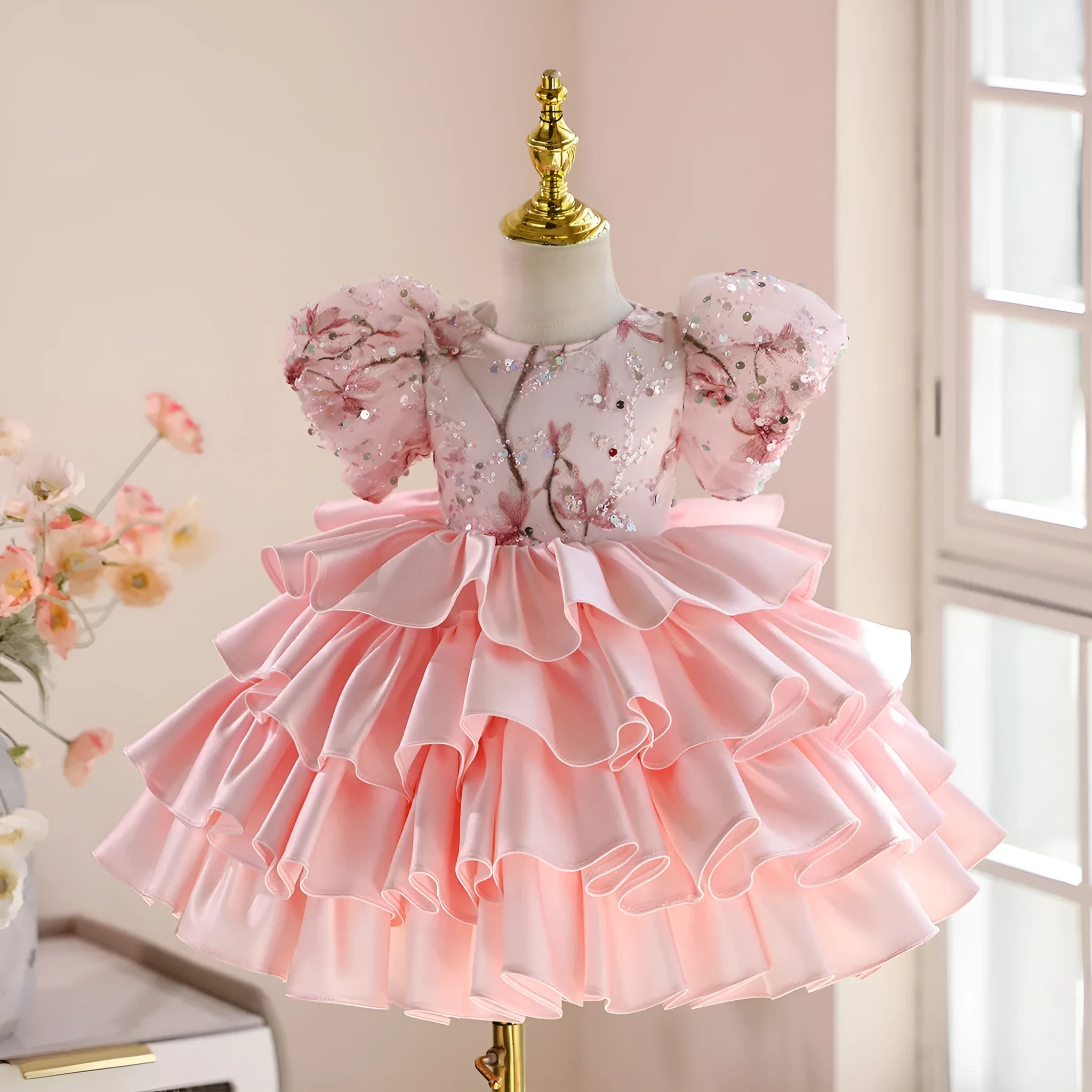 Pink polyester princess dress for baby girl Zhuazhou ceremony light luxury pettiskirt