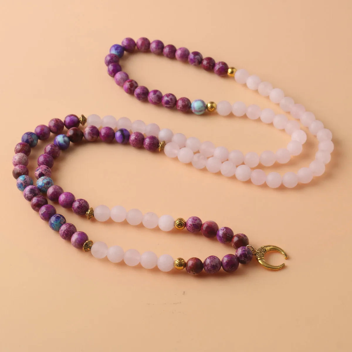 Pink crystal emperor stone round bead pendant necklace on 45cm chain