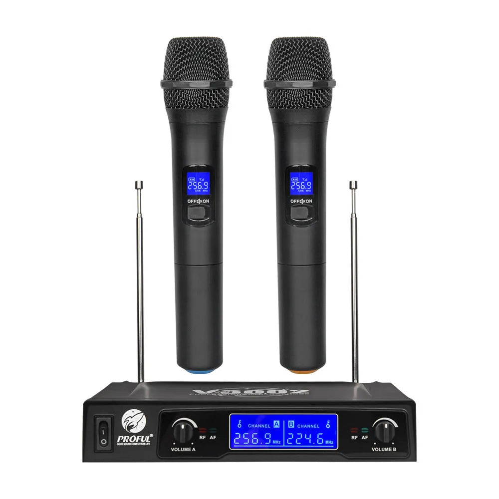 V-3002 black wireless microphone set with two handheld microphones and transmitter unit