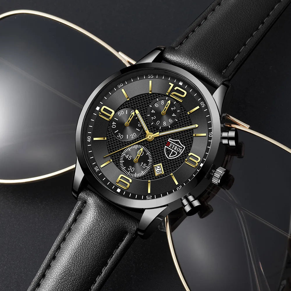 Men's calendar quartz watch with 42mm round alloy case, white dial, date window, and pin buckle on a black band