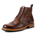 Men's casual leather round toe Martin boots in black patent finish with rubber sole