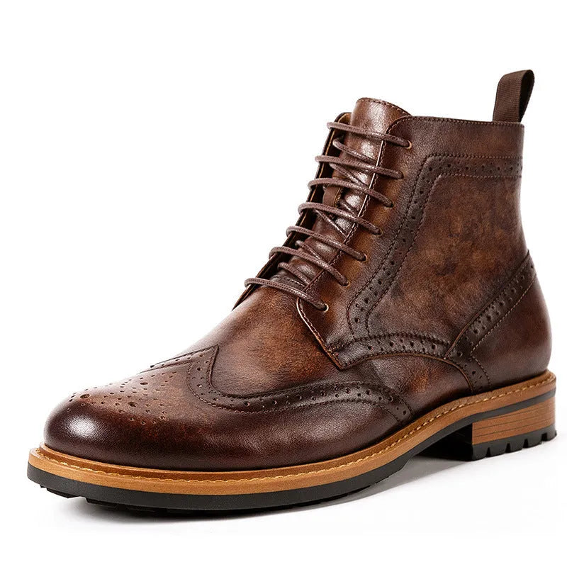 Men's casual leather round toe Martin boots in black patent finish with rubber sole