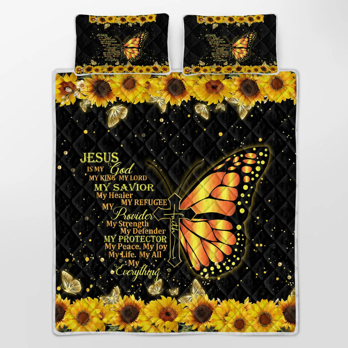 Butterfly and sunflower pattern 3-piece quilt set with 1 quilt and 2 pillow shams on a bed