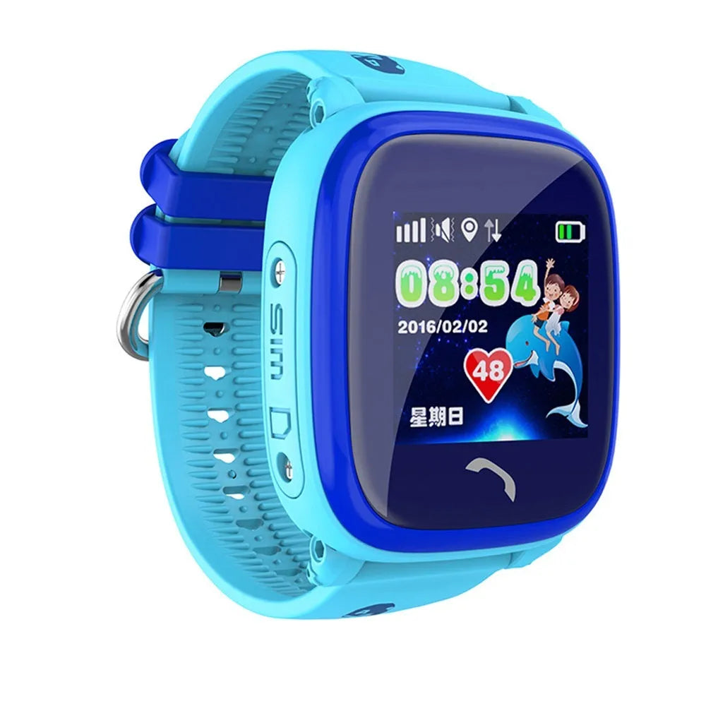 Blue children's smart watch with silicone strap showing 1.22-inch touch screen display