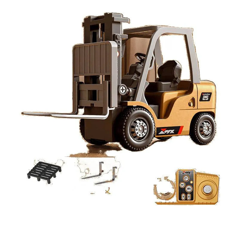 A blue 1:64 scale alloy remote control forklift model with a cargo hook and pallet on a table.