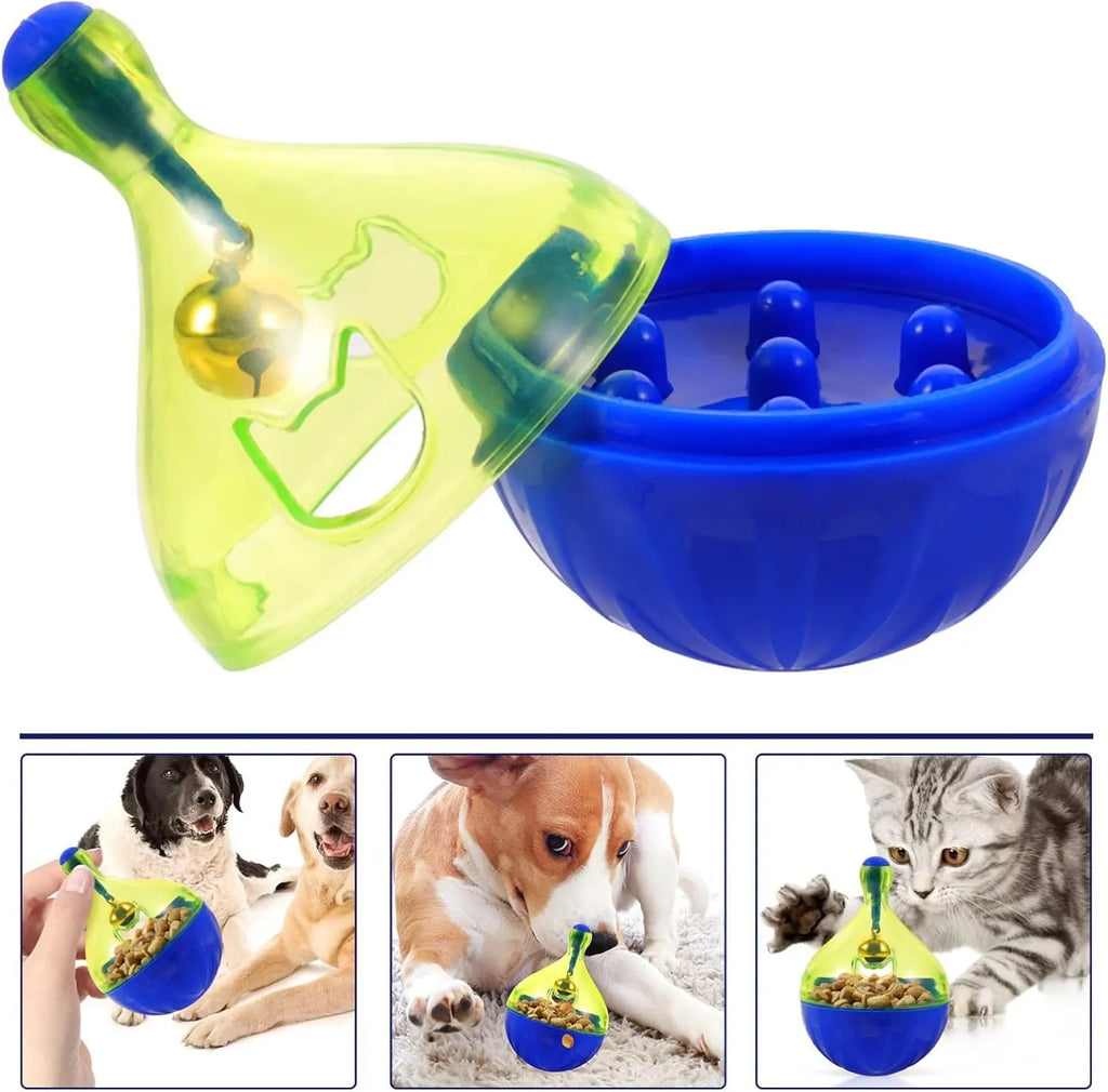 Blue tumbler-shaped pet treat dispenser toy for dogs and cats on wooden floor
