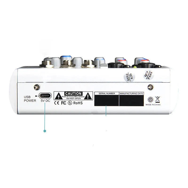 White Mancheze4 Mini 4-channel sound card mixer with Bluetooth and USB interface