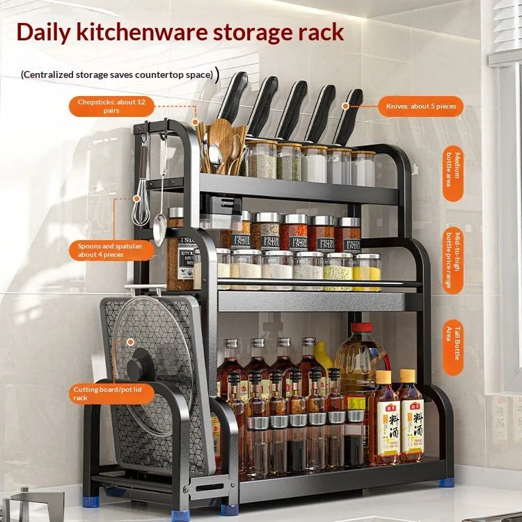 Modern no-drill carbon steel floor storage rack with knife holder and six hooks for kitchen organisation.