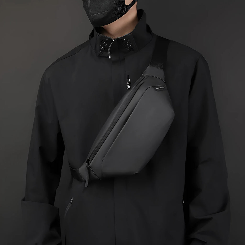 Outdoor casual waterproof nylon crossbody shoulder bag for men in black solid colour sewing line detail